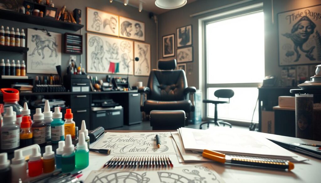 A well-lit studio showcasing the tools and workspace of a skilled tattoo artist. In the foreground, an array of vibrant ink bottles, sharpened tattoo needles, and intricate stencils arranged with precision. In the middle ground, a large tattoo chair with a black leather surface, surrounded by customized sketches and flash art adorning the walls. The background features a large window bathed in soft, natural light, casting a warm, inviting glow over the entire scene. The overall atmosphere evokes a sense of artistry, expertise, and the dedication required to become a masterful tattoo professional.