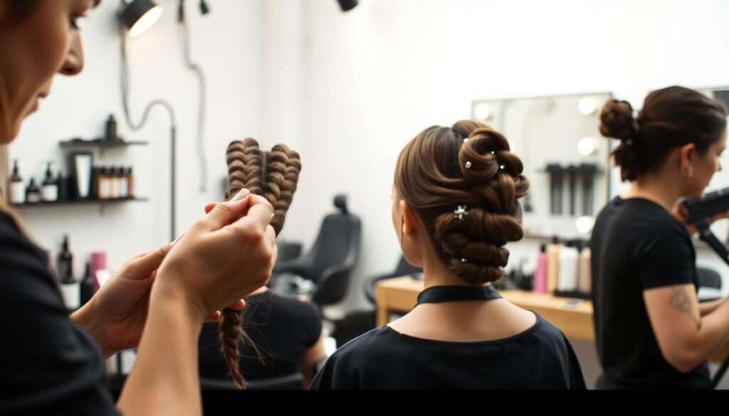 A well-lit studio space showcases a variety of hairstyling techniques. In the foreground, a hairstylist expertly weaves intricate braids, their nimble fingers guiding the strands. In the middle ground, a model poses, their hair styled into a sleek, modern updo, accentuated by delicate hair accessories. The background features an array of professional haircare products, brushes, and tools, creating a sense of a well-equipped salon environment. The lighting is soft and diffused, highlighting the textures and details of the hairstyles. The overall atmosphere is one of creativity, precision, and the art of transforming hair.