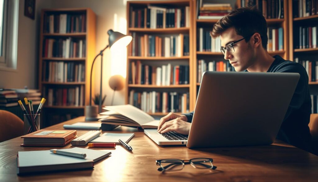 A well-lit study area with a wooden desk, a laptop, books, and stationery. In the foreground, a person is focused on their work, their face illuminated by the screen's soft glow. The middle ground features an array of learning materials, including highlighters, sticky notes, and a pair of reading glasses. The background showcases a bookshelf filled with volumes, casting a warm, intellectual ambiance. Soft, natural lighting filters through a nearby window, creating a calming and productive atmosphere. The overall scene conveys a sense of efficient, organized, and engaging study habits.