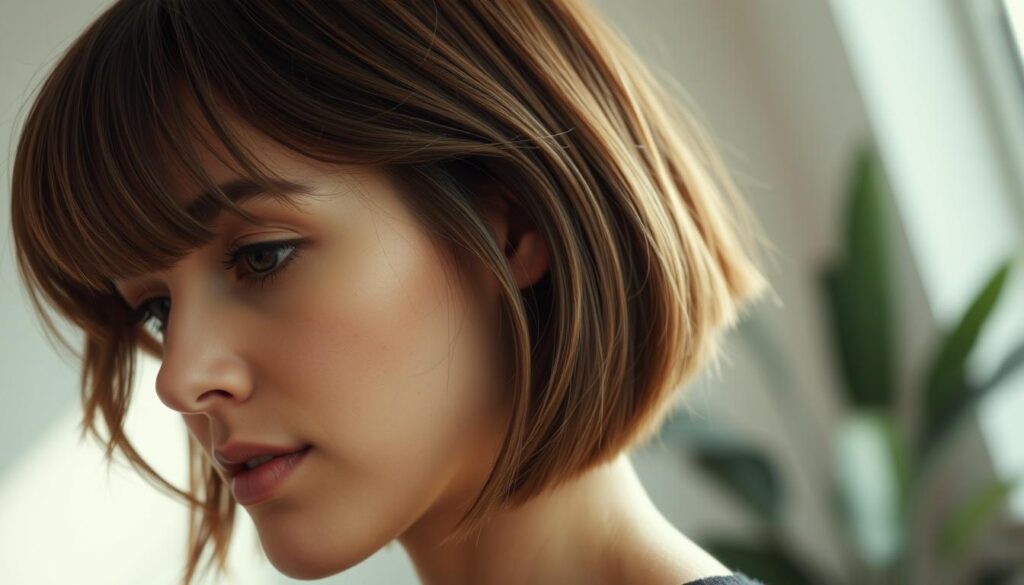 A well-maintained, stylish bob haircut with a subtle, natural shine, captured in soft, diffused lighting from the side. The hair frames the face in a flattering, symmetrical shape, with delicate waves and a slightly tapered, angled end. The texture is smooth and healthy, with a hint of movement. The overall aesthetic conveys a polished, effortless, and feminine look, suitable for a range of occasions. Captured with a medium-length focal length lens, providing a slightly compressed, natural perspective. A well-maintained, stylish bob haircut with a subtle, natural shine, captured in soft, diffused lighting from the side. The hair frames the face in a flattering, symmetrical shape, with delicate waves and a slightly tapered, angled end. The texture is smooth and healthy, with a hint of movement. The overall aesthetic conveys a polished, effortless, and feminine look, suitable for a range of occasions. Captured with a medium-length focal length lens, providing a slightly compressed, natural perspective.