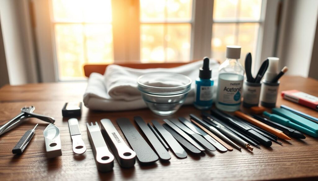 A well-organized home nail care setup on a wooden table. In the foreground, an array of precision manicure tools - clippers, files, buffers, and cuticle pushers arranged neatly. In the middle ground, a clean white towel and a small glass bowl filled with acetone-based nail polish remover. Behind, a diffused natural light streams in through a large window, casting a warm, inviting glow over the scene. The overall atmosphere is one of order, functionality, and a dedication to the craft of at-home nail care. A well-organized home nail care setup on a wooden table. In the foreground, an array of precision manicure tools - clippers, files, buffers, and cuticle pushers arranged neatly. In the middle ground, a clean white towel and a small glass bowl filled with acetone-based nail polish remover. Behind, a diffused natural light streams in through a large window, casting a warm, inviting glow over the scene. The overall atmosphere is one of order, functionality, and a dedication to the craft of at-home nail care.