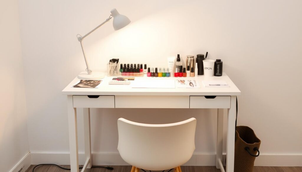 A well-organized nail station setup with a pristine white manicure table, a wooden stool, and a sleek, modern task lamp providing warm, focused lighting. On the table, an assortment of high-quality nail care tools, polishes, and accessories neatly arranged. The background features a minimalist, light-colored wall, creating a clean, professional atmosphere. The overall scene conveys a sense of order, attention to detail, and a dedication to providing a flawless manicure experience. A well-organized nail station setup with a pristine white manicure table, a wooden stool, and a sleek, modern task lamp providing warm, focused lighting. On the table, an assortment of high-quality nail care tools, polishes, and accessories neatly arranged. The background features a minimalist, light-colored wall, creating a clean, professional atmosphere. The overall scene conveys a sense of order, attention to detail, and a dedication to providing a flawless manicure experience.