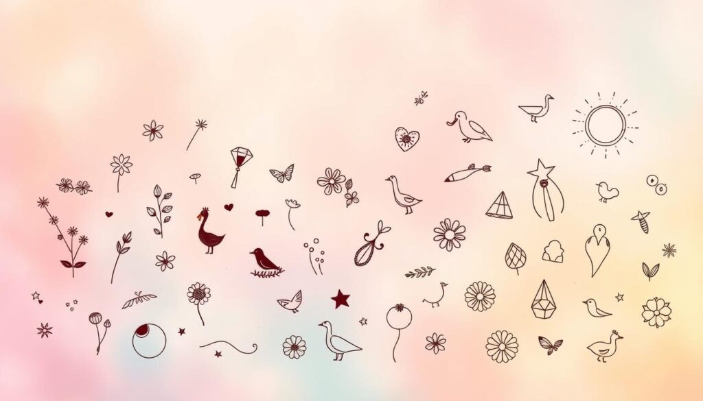 A whimsical collection of playful tattoo designs against a vibrant, pastel-colored background. In the foreground, an assortment of charming, hand-drawn illustrations - delicate floral motifs, playful animal silhouettes, and fanciful geometric patterns. The middle ground features a mix of bold, expressive linework and softer, watercolor-esque elements, creating a sense of movement and energy. Warm, diffused lighting casts a gentle, dreamlike glow, evoking a lighthearted, carefree atmosphere. The overall composition has a stylized, illustrative quality, showcasing a diverse range of unique, imaginative tattoo ideas perfect for those seeking a fun, playful aesthetic.