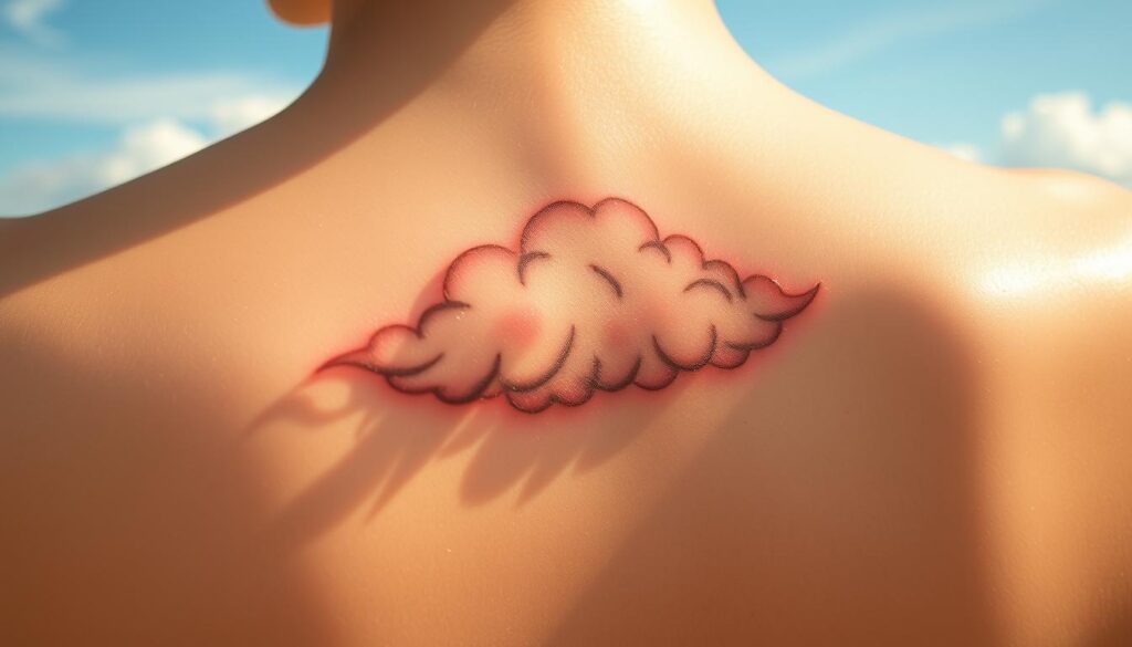 A wispy, ethereal cloud tattoo design floating gracefully on a serene sky background. The clouds have a soft, airy texture with delicate wispy edges, casting gentle shadows on the skin. The design is positioned as the focal point, highlighted by warm, natural lighting that accentuates the depth and fluidity of the clouds. The overall mood is one of tranquility, symbolizing the wearer's connection to the natural world and the calming, introspective nature of the tattoo.