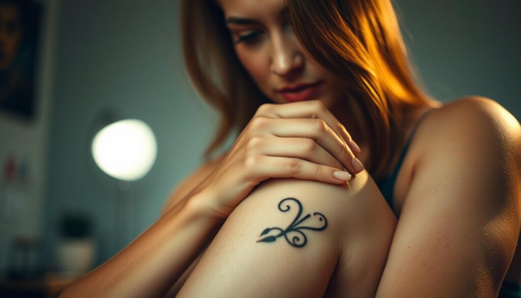 A woman's hand delicately touches her knee, revealing a freshly inked tattoo design. The skin is flushed, indicating the discomfort of the tattooing process. The lighting is soft and diffused, casting a warm glow on the scene. The background is blurred, keeping the focus on the central subject. The woman's expression conveys a mixture of determination and pain tolerance, as she navigates the sensations of the tattoo's creation. The overall mood is one of personal empowerment and the embracing of temporary discomfort for the sake of a meaningful body art piece.