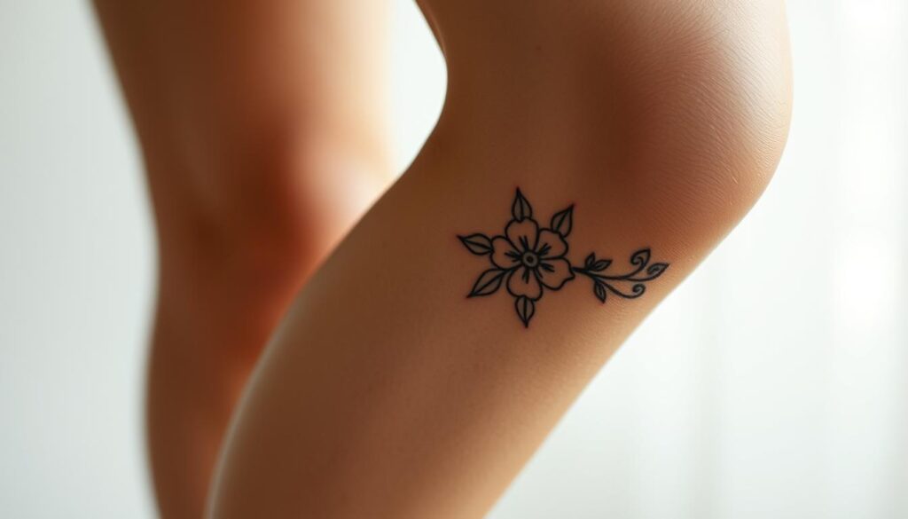 A woman's leg with a detailed knee tattoo, showcasing its longevity and intricate design. The tattoo features a delicate floral pattern in muted tones, accentuating the natural curves of the knee. The lighting is soft and diffused, creating a subtle, ethereal atmosphere. The background is blurred, keeping the focus on the tattoo. The image is captured at a medium close-up angle, providing a clear view of the tattoo's vibrancy and the skin's healthy condition, highlighting the long-lasting nature of the ink.