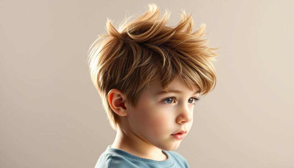 A young boy with a stylish wolf cut hairstyle, standing in a well-lit studio setting. His fluffy, voluminous locks are highlighted with soft, natural lighting, creating a sense of dimension and texture. The focus is on the boy's head and shoulders, emphasizing the lively, layered wolf cut style. The background is a simple, neutral tone that allows the subject to stand out, creating a clean, editorial-inspired composition. The overall mood is one of youthful, modern, and trendy styling.