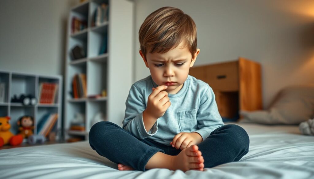 A young child sits cross-legged on a bed, deeply engrossed in thought, their fingers nervously picking at the skin around their nails. The room is softly lit, creating a contemplative atmosphere. In the background, a bookshelf and a few scattered toys suggest a familiar, comforting environment. The child's expression is one of concentration, with furrowed brows and a slight frown, hinting at the psychological complexity of the nail-biting habit. The scene is captured from a slightly low angle, emphasizing the child's introspective state and the internal struggles that may be driving this nervous behavior. A young child sits cross-legged on a bed, deeply engrossed in thought, their fingers nervously picking at the skin around their nails. The room is softly lit, creating a contemplative atmosphere. In the background, a bookshelf and a few scattered toys suggest a familiar, comforting environment. The child's expression is one of concentration, with furrowed brows and a slight frown, hinting at the psychological complexity of the nail-biting habit. The scene is captured from a slightly low angle, emphasizing the child's introspective state and the internal struggles that may be driving this nervous behavior.