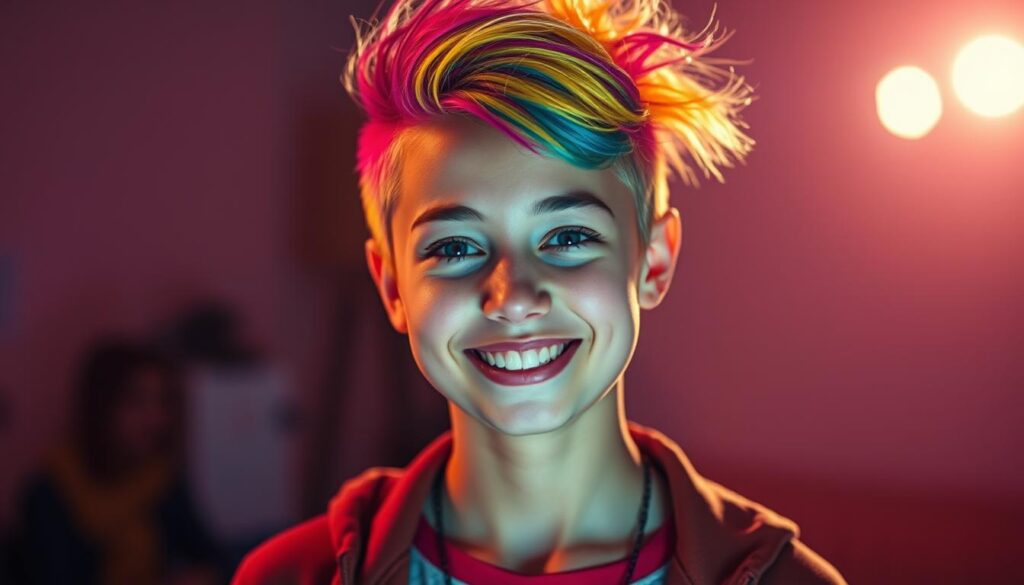 A young, vibrant person with a bold, colorful hairstyle stands confidently, embracing their new look. The subject's hair is dyed in a vibrant, eye-catching pattern, creating a striking focal point. Soft, warm lighting illuminates their face, highlighting their expression of joy and self-acceptance. The background is blurred, keeping the attention on the subject's captivating appearance. The overall mood is one of playfulness, self-expression, and a newfound sense of personal style. A wide-angle lens captures the subject in a dynamic, three-quarter pose, emphasizing the transformative power of this new hairstyle.