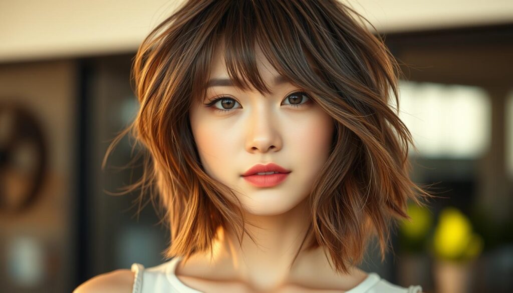 A young woman with a modern, trendy hairstyle featuring choppy layers and curtain bangs. The hair has a soft, tousled texture and a slightly windblown appearance, creating an effortless, stylish look. The lighting is warm and natural, with gentle shadows and highlights that accentuate the layers and frame the face. The background is softly blurred, keeping the focus on the subject's stunning hairstyle. The overall mood is confident, youthful, and on-trend, perfectly capturing the essence of the Korean Wolf Cut.