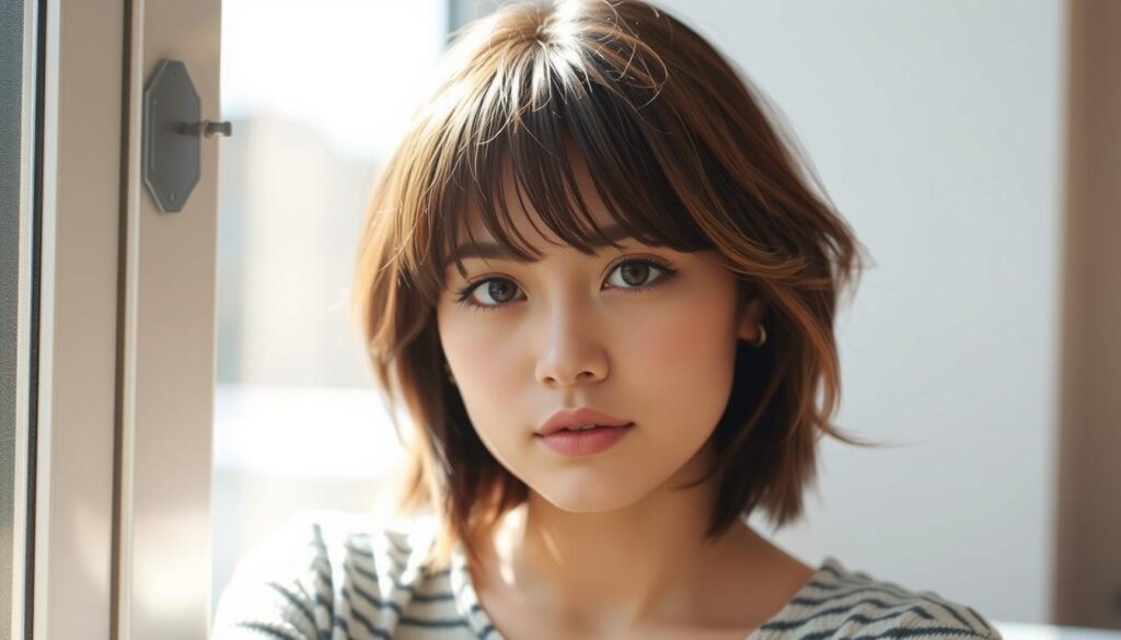A young woman with a stylish curtain bangs hairstyle, sitting by a window on a sunny day. The soft, wispy bangs frame her face perfectly, accentuating her delicate features. The lighting creates a warm, inviting atmosphere, casting a gentle glow on her hair and skin. The background is slightly blurred, allowing the focus to remain on the subject's captivating gaze and the trendy, on-point hairstyle.
