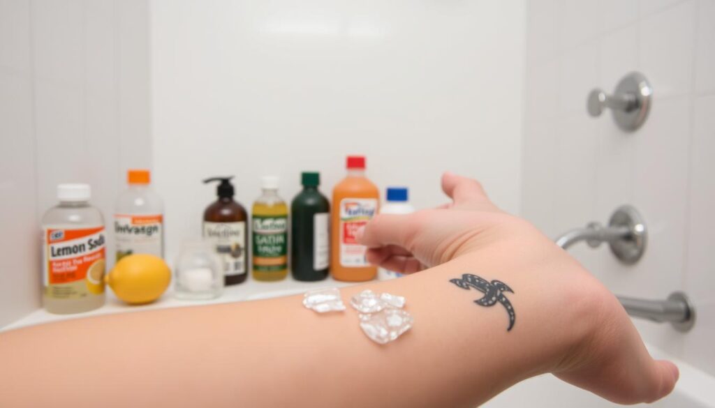 An alternative tattoo removal scene, showcasing various DIY methods. In the foreground, a person's arm with a temporary tattoo, attempting removal techniques like rubbing with sandpaper or scrubbing with baking soda. In the middle ground, a collection of household items like lemon juice, nail polish remover, and ice cubes, hinting at more unorthodox approaches. The background depicts a minimalist bathroom setting, with soft, diffused lighting creating an intimate, experimental atmosphere. The overall mood is one of curiosity and trial-and-error, as the subject explores unconventional ways to erase their temporary body art.