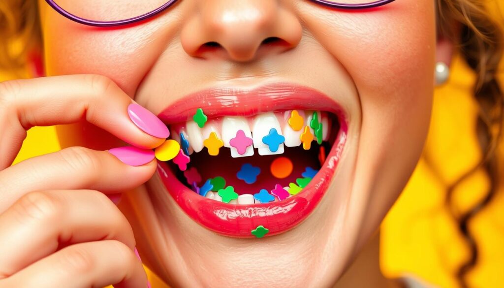 An image of temporary tooth stickers being applied