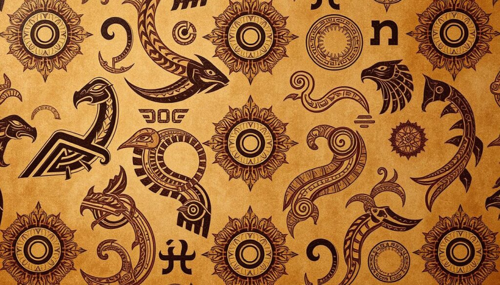An intricate pattern of Inuit tattoos, their delicate lines and curves intertwining to form a captivating display of spiritual symbolism. The design features a close-up view, showcasing the intricate details and the depth of meaning behind each element. The tattoos are rendered in a muted, earthy color palette, evoking the natural and ancestral roots of the Inuit culture. The background is hazy and out of focus, creating a sense of mysticism and otherworldliness, drawing the viewer's attention to the powerful tattoos. The lighting is soft and diffused, casting gentle shadows that accentuate the texture and depth of the tattoos. The overall mood is one of reverence, spirituality, and a deep connection to the Inuit's rich cultural heritage.
