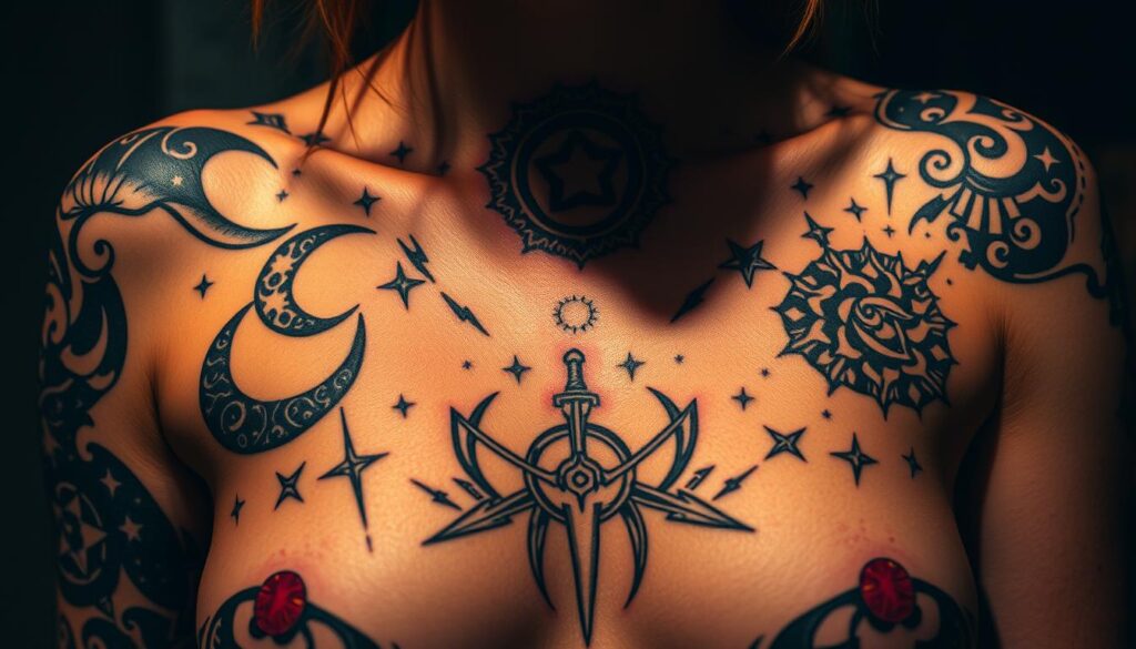 Celestial baddie tattoos with a hypnotic, otherworldly vibe. Intricate designs of crescent moons, stars, and cosmic swirls dance across skin in an ethereal, mystical display. Shadowy lines and bold colors create a striking contrast, exuding a bold, confident energy. Celestial motifs intertwine with bold, edgy elements like lightning bolts, daggers, and occult symbols, radiating a magnetic, unapologetic aura. Soft, warm lighting illuminates the tattoos, lending a luminous, otherworldly glow. Shot at a dramatic low angle to accentuate the powerful, captivating presence of the celestial baddie tattoos.