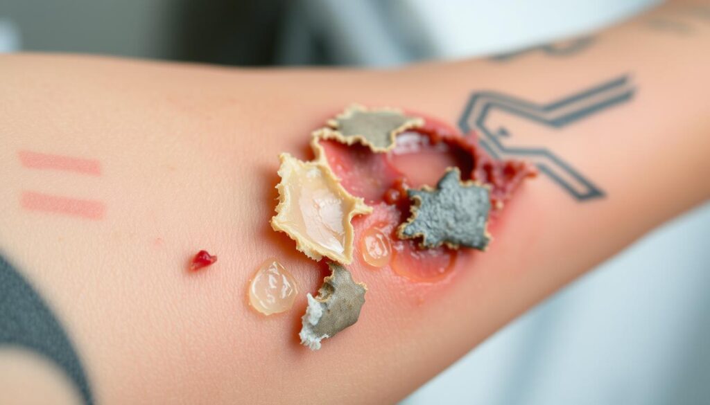 Close-up detailed photograph of a healing tattoo with scabs, shot in natural soft lighting, clean sterile medical background. The skin around the tattoo is slightly reddened and inflamed, with peeling flaky edges. The scabs are a mix of light gray, yellow, and dark brown, with some areas of oozing lymph fluid. The overall texture is rough and uneven, capturing the process of the skin knitting back together. Captured at a slight angle to emphasize the tactile, visceral nature of the healing process.