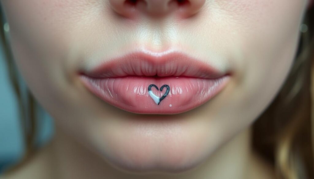 Close-up photo of a person's lips, showing a freshly applied lip tattoo with visible aftercare treatment. The tattoo is a simple, delicate design - perhaps a small heart or a minimalist pattern. The lips are slightly parched, with a light coating of fragrance-free balm or ointment visible. The lighting is soft, diffused, and evenly illuminates the subject. The background is blurred, keeping the focus on the lips and the tattoo aftercare. The overall mood is one of care, attention, and the delicate nature of the healing process for a new lip tattoo.