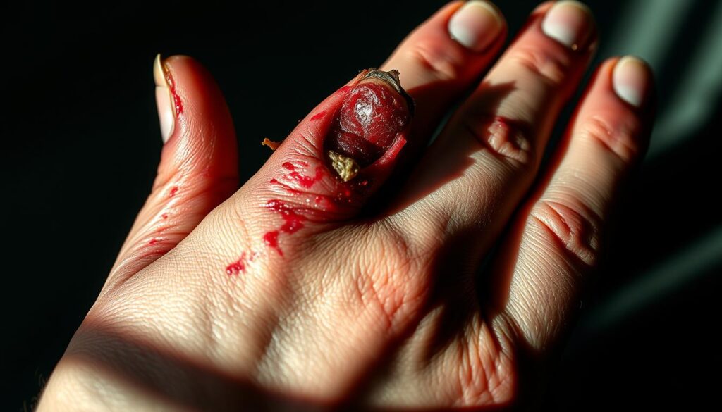 Close-up photograph of a human hand showing inflamed, red and swollen skin around the bitten nails. The skin is irritated and visibly infected, with pus oozing from the cuticles. The nails are ragged and uneven, some partially torn off. Dramatic lighting from the side casts long shadows, creating a somber, unsettling mood. The image is captured with a macro lens, filling the frame and emphasizing the painful, unsanitary condition of the nails and surrounding skin. Close-up photograph of a human hand showing inflamed, red and swollen skin around the bitten nails. The skin is irritated and visibly infected, with pus oozing from the cuticles. The nails are ragged and uneven, some partially torn off. Dramatic lighting from the side casts long shadows, creating a somber, unsettling mood. The image is captured with a macro lens, filling the frame and emphasizing the painful, unsanitary condition of the nails and surrounding skin.