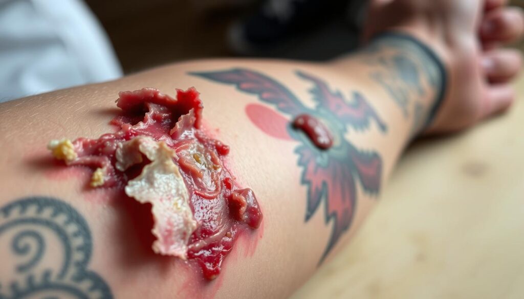 Close-up photograph of a tattooed arm with visible signs of abnormal scabbing and infection. The foreground shows the affected skin, with peeling scabs, redness, swelling, and oozing pus. The middle ground provides context, highlighting the tattoo design partially obscured by the unhealthy skin condition. The background is blurred, keeping the focus on the problematic tattoo area. The lighting is soft and natural, emphasizing the texture and discoloration of the infected skin. The image conveys a sense of concern and the need for medical attention.