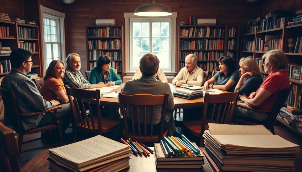 Collaborative Storytelling A warm, cozy room with a large, circular table at the center. Wooden chairs surround the table, each occupied by a diverse group of individuals - writers, artists, and storytellers, engaged in a lively discussion. Soft, ambient lighting filters in from overhead, casting a gentle glow on the faces of the participants. In the foreground, a stack of notebooks, pens, and colorful markers, hinting at the creative process unfolding. In the background, a bookshelf filled with tomes of literature, a testament to the rich well of inspiration. The overall atmosphere is one of camaraderie, exploration, and a shared passion for the art of collaborative storytelling.