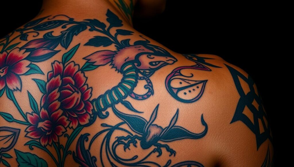 Colorful and intricate tattoos adorning the skin, a canvas of vibrant hues and bold black linework. Detailed floral patterns, abstract designs, and mythical creatures emerge from a dark background, creating a stunning contrast. The tattoos are captured in close-up, highlighting the texture and depth of the ink. Dramatic lighting casts shadows, accentuating the interplay of light and dark elements. The image conveys a sense of artistic expression, individuality, and the power of body art to transform and embellish the human form.