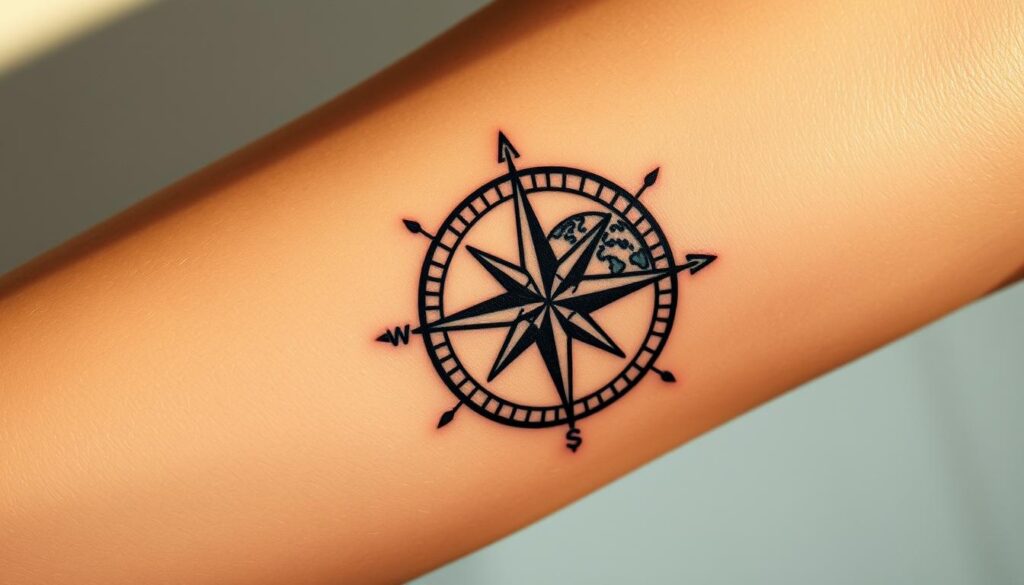 Compass and globe tattoo designs, a timeless symbol of exploration and adventure. A detailed compass rose, its needles pointing true north, is etched onto weathered skin. Surrounding it, a vintage globe showcases continents and oceans, a testament to the wearer's wanderlust. Soft, warm lighting casts shadows, lending depth and character to the intricate linework. The design is thoughtfully placed, perhaps on the inner forearm or shoulder, a constant reminder of the journeys taken and those yet to come. This classic travel tattoo evokes a sense of wonder, a desire to discover the unknown, and the profound connection between self and the world beyond.