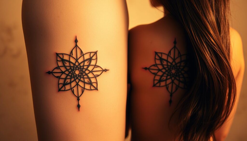 Couple tattoo designs featuring intricate, interlocking symbols representing eternal love and soulmate connection. Delicate linework and shading create a sense of ethereal, romantic ambiance. The two tattoos seamlessly merge, forming a unified whole - a visual metaphor for the deep spiritual bond between partners. Warm, diffused lighting casts a soft glow, emphasizing the intimate, sentimental nature of the designs. Subtle background textures add depth and visual interest, while the overall composition is balanced and harmonious, mirroring the harmony of the couple's relationship.