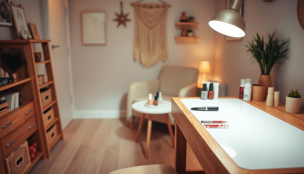 Cozy at-home nail care workspace with soft, diffused lighting and a minimalist, Scandinavian-inspired design. In the foreground, a wooden manicure table with a white surface and neatly arranged nail care tools. In the middle ground, a comfortable chair and a small side table holding essentials like nail polish bottles and hand creams. The background features a neutral-toned wall with a decorative wall hanging or shelves displaying personal touches. The overall atmosphere is calming, organized, and conducive to a relaxing at-home salon experience.
