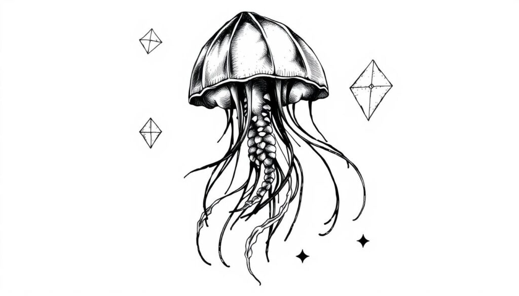 Create a blackwork jellyfish tattoo design with solid black ink and geometric shapes.