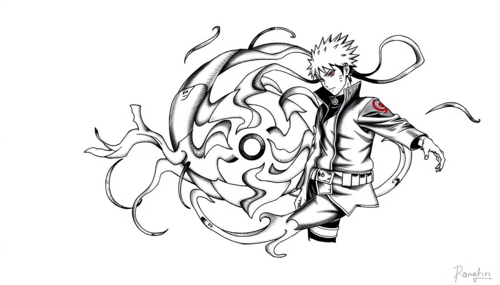 Create a tattoo design featuring Naruto Uzumaki and the Nine-Tails symbol.