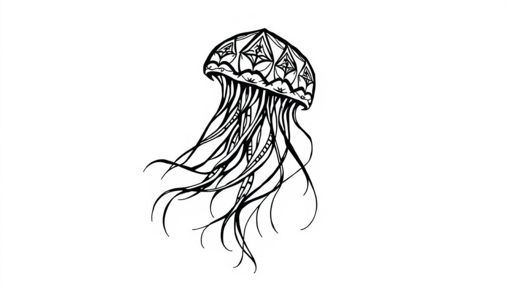 Create a tribal jellyfish tattoo design with bold black lines and geometric patterns.