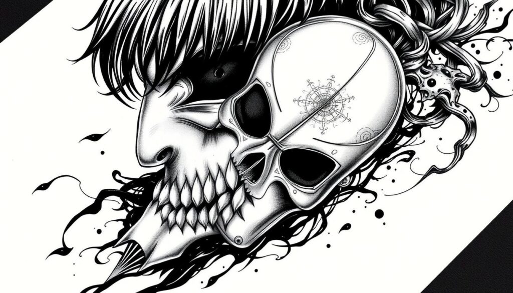 Create an image of a Tokyo Ghoul-inspired tattoo featuring Ken Kaneki's mask.