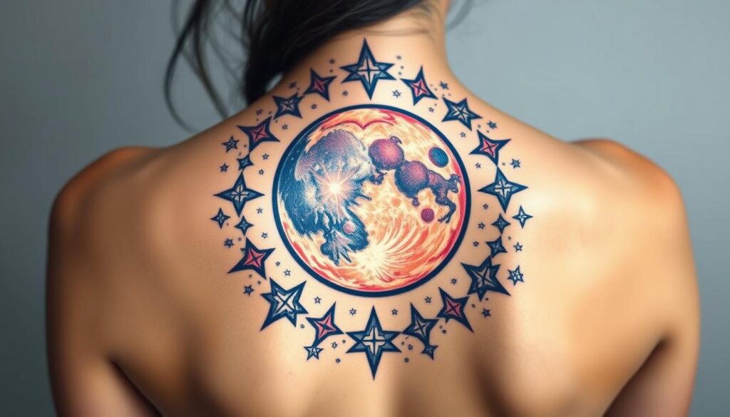 Create an image of a celestial back shoulder tattoo featuring a moon and stars.