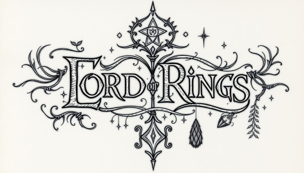 Create an image of a fantasy book tattoo featuring Elvish script from Lord of the Rings.
