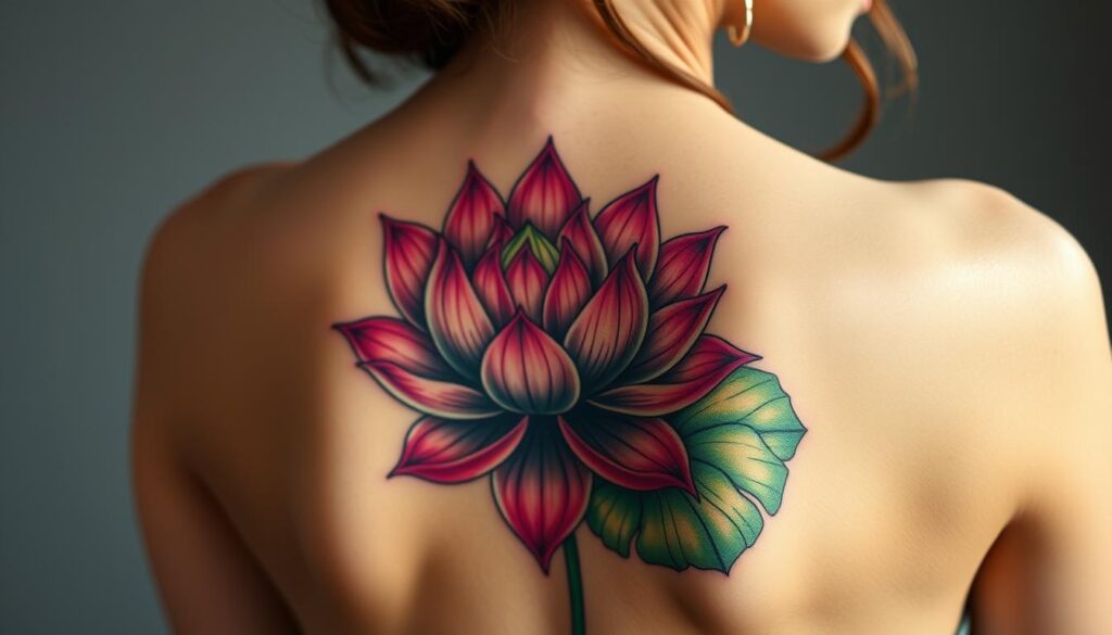 Create an image of a lotus flower tattoo on a woman's back