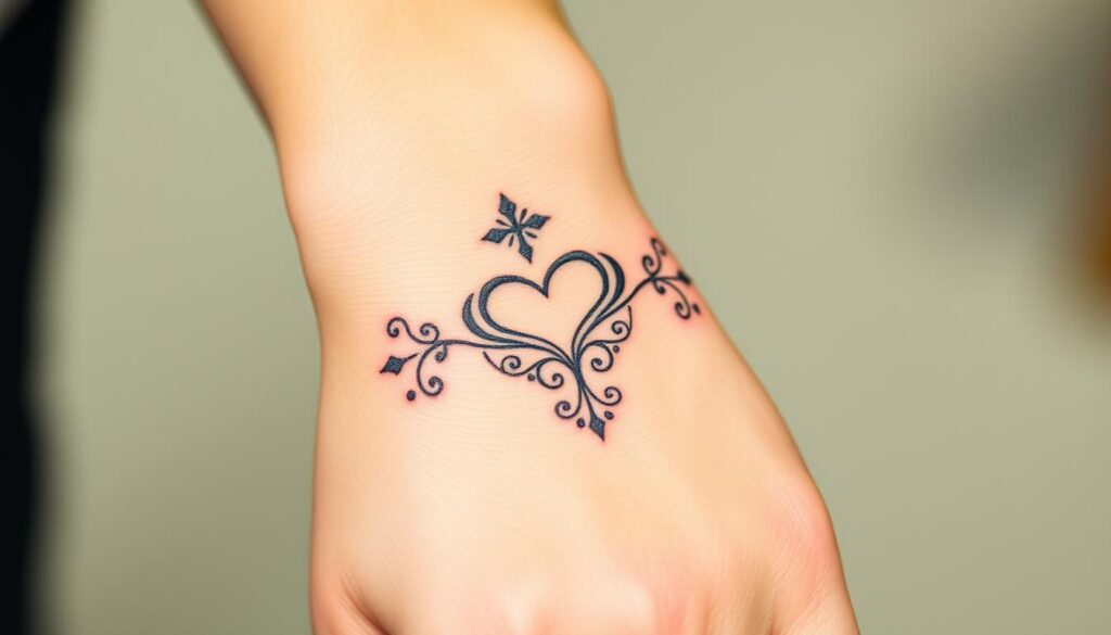 Create an image of a small memorial tattoo on a wrist.