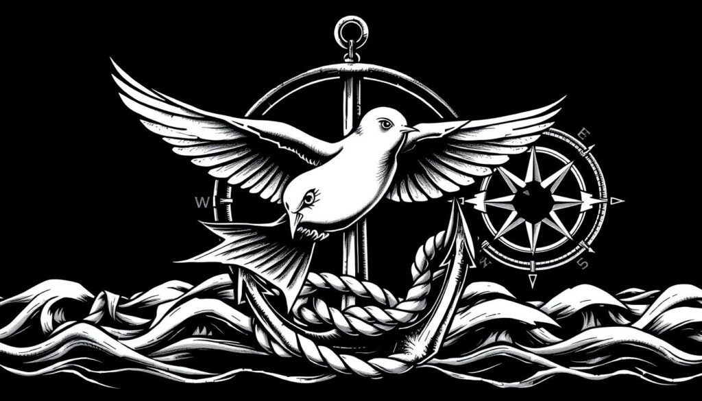 Crisp black and white illustration of a nautical-themed American traditional tattoo flash sheet. A bold swallow bird with outstretched wings, surrounded by a classic anchor, coiled rope, and waves. In the background, a distressed sailor's knot and compass rose against a moody, shadowy seascape. Dramatic high-contrast lighting, with deep shadows and highlights that accentuate the timeless, hand-drawn aesthetic. The composition is balanced and dynamic, capturing the rugged, seafaring spirit of American traditional tattoo art.