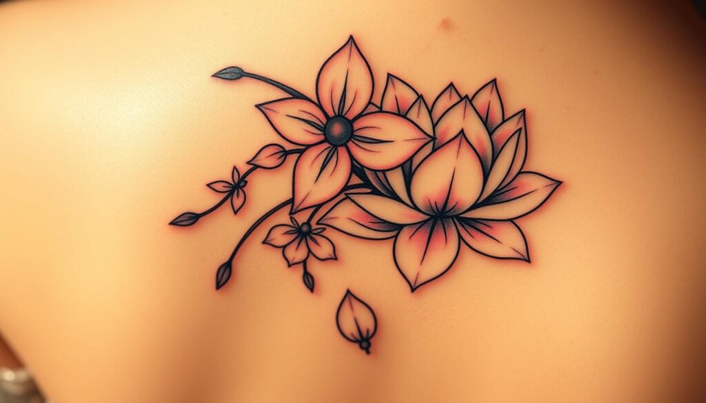 Delicate petals of a Japanese cherry blossom cascade down, intertwining with the serene curves of a lotus flower. The tattoo design unfolds in a harmonious fusion, its intricate linework and subtle shading capturing the tranquil beauty of these iconic Asian flora. Soft, diffused lighting casts a warm, romantic glow, highlighting the organic textures and graceful symmetry of the floral elements. The composition is balanced and elegant, inviting the viewer to appreciate the elegance and symbolism of this Japanese-inspired tattoo design.