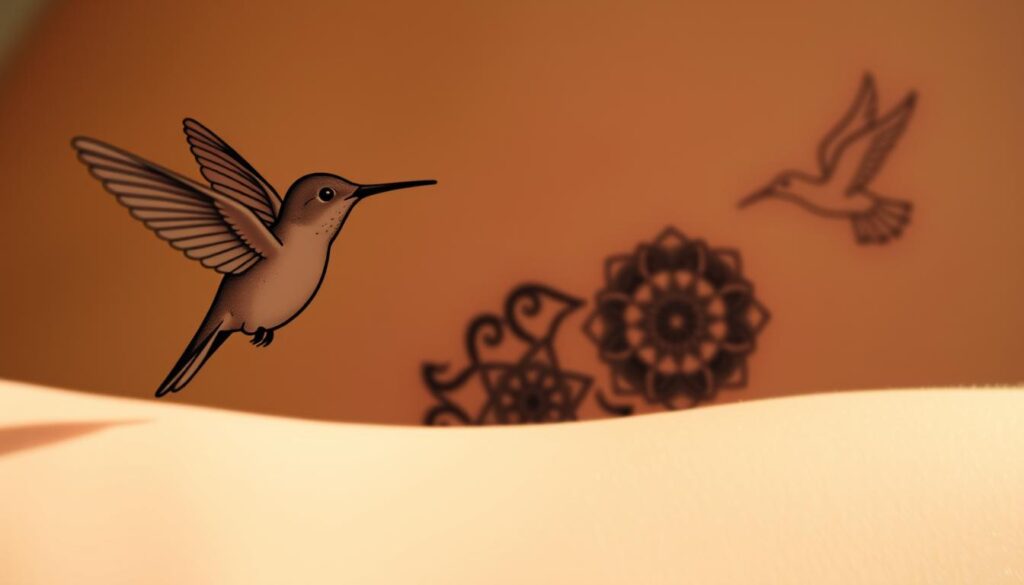 Delicate tattoo designs in the shape of various animals, rendered with intricate linework and soft shading. In the foreground, a graceful hummingbird in flight, its wings captured in mid-motion. In the middle ground, a tiny elephant with a detailed trunk and ears, standing amidst swirling mandala patterns. In the background, a minimalist outline of a soaring bird, conveying a sense of freedom and lightness. The artwork is illuminated by warm, natural lighting, creating a serene, ethereal atmosphere. The overall composition evokes a sense of harmony and a connection to the natural world.