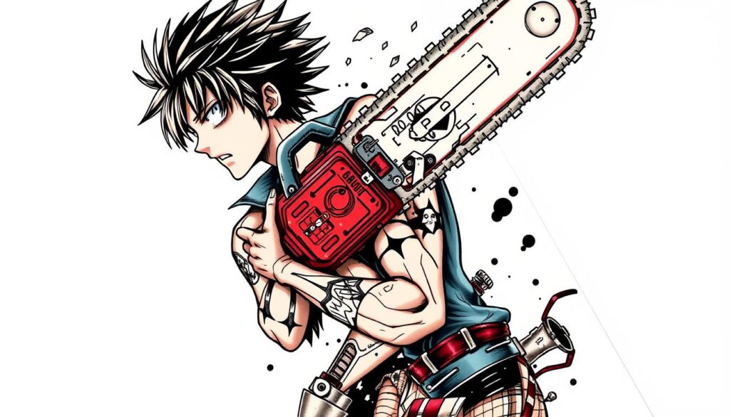 Design a Chainsaw Man tattoo featuring Denji with his chainsaw.