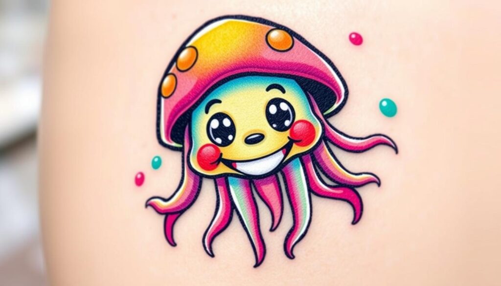 Design a cartoon jellyfish tattoo with bright colors and a smiling face.