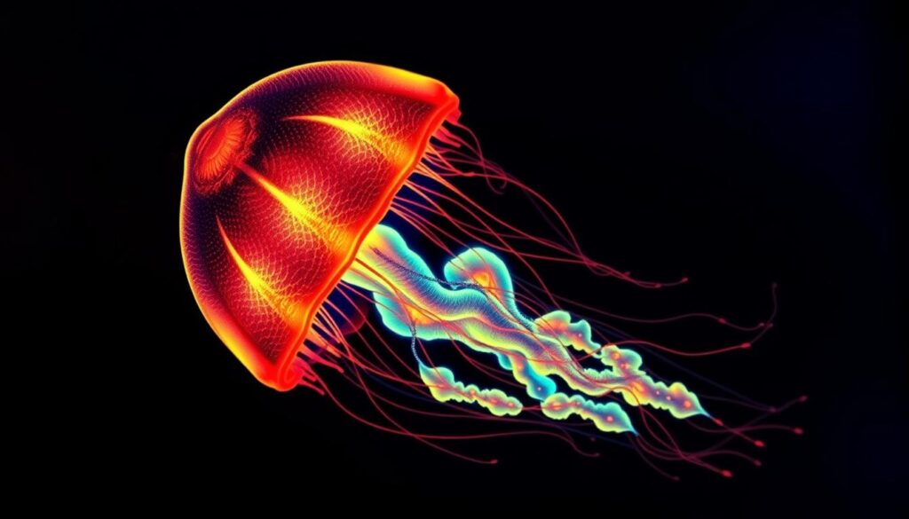 Design a glowing jellyfish tattoo that reacts to UV light, mimicking the natural bioluminescence of jellyfish.