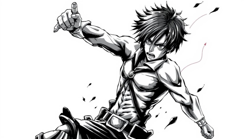 Design a tattoo of Eren Yeager in a powerful pose from Attack on Titan.