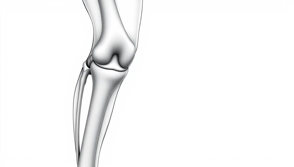 Detailed anatomical illustration of a human knee joint, showcasing the skeletal structure, ligaments, and tendons in a clean, technical style. The image should be rendered in a neutral, gray-toned color palette, with a slight ambient lighting to highlight the contours and details. The perspective should be slightly elevated, providing a clear, unobstructed view of the knee anatomy from a perpendicular angle, suitable for tattoo placement reference. The background should be a simple, clean white or light gray, allowing the knee anatomy to be the sole focus of the image.