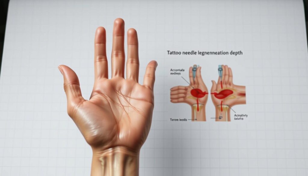 Detailed anatomical illustration of the human hand, highlighting key structures and pain points associated with hand tattoos. Crisp, high-resolution image with a clean, clinical aesthetic. Foreground showcases the palm-facing side of the hand, revealing tendons, bones, and nerve endings. Middle ground depicts cross-sectional views highlighting tattoo needle penetration depth and pain sensitivity zones. Background contains subtle grid or diagram elements to reinforce the educational, informative nature of the piece. Neutral lighting from multiple angles accentuates the dimensional aspects of the hand anatomy. Overall, a comprehensive visual guide to understanding the unique challenges and pain factors of receiving a tattoo on the hands.