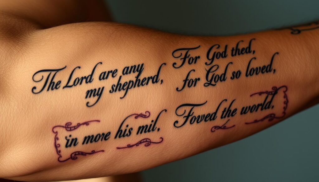 Detailed close-up of a muscular male forearm adorned with realistic tattoos of meaningful Bible verses, such as "The Lord is my shepherd" and "For God so loved the world." The skin texture appears authentic, with a slight sheen and subtle imperfections. The verses are artfully rendered in an elegant script font, with intricate flourishes and ornate borders. The lighting is soft and diffused, casting gentle shadows that accentuate the contours of the arm. The overall composition emphasizes the spiritual significance and personal connection of these meaningful tattoos.