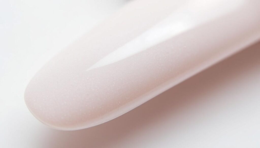 Detailed close-up of dip powder manicure layers, showing the distinct strata of the application process. A smooth, well-lit surface reveals the delicate balance of the base coat, color dip powder, and sealing top coat. Crisp focus highlights the fine texture and subtle sheen of each layer, creating a visually compelling representation of the multi-step dip nail technique. The image conveys the intricate nature of this manicure style, which presents both advantages and challenges for at-home removal.