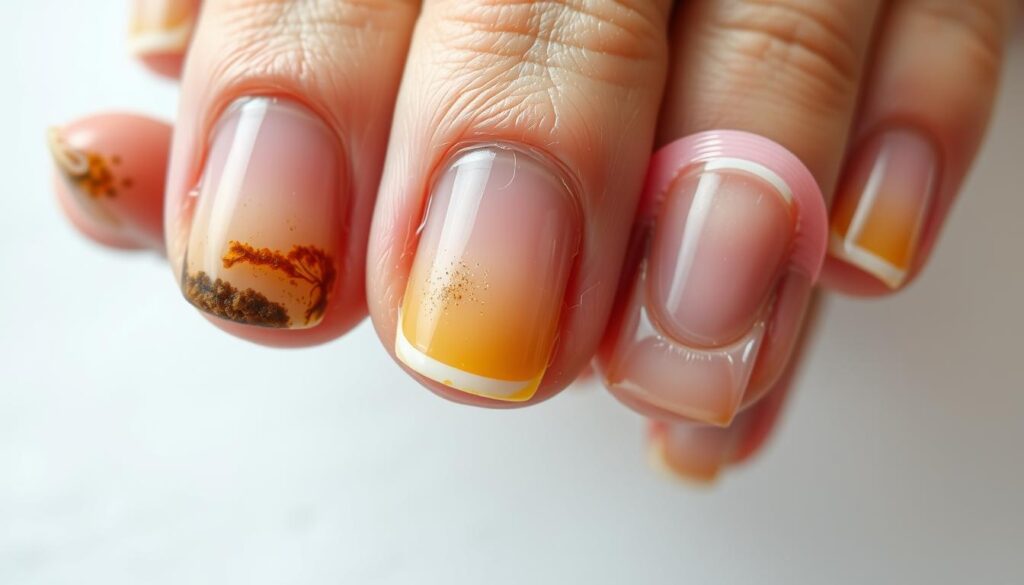 Detailed close-up of human fingernails, showcasing various causes of discoloration. Crisp, high-resolution rendering with natural lighting, soft shadows, and a clean, minimalist background. Prominent focus on the nails, exposing nail fungus, bacterial infections, staining from smoking or nail polish, and other common discoloration issues. Evocative and informative, conveying the visual elements needed to educate the viewer on the key causes of yellow, discolored nails. Detailed close-up of human fingernails, showcasing various causes of discoloration. Crisp, high-resolution rendering with natural lighting, soft shadows, and a clean, minimalist background. Prominent focus on the nails, exposing nail fungus, bacterial infections, staining from smoking or nail polish, and other common discoloration issues. Evocative and informative, conveying the visual elements needed to educate the viewer on the key causes of yellow, discolored nails.