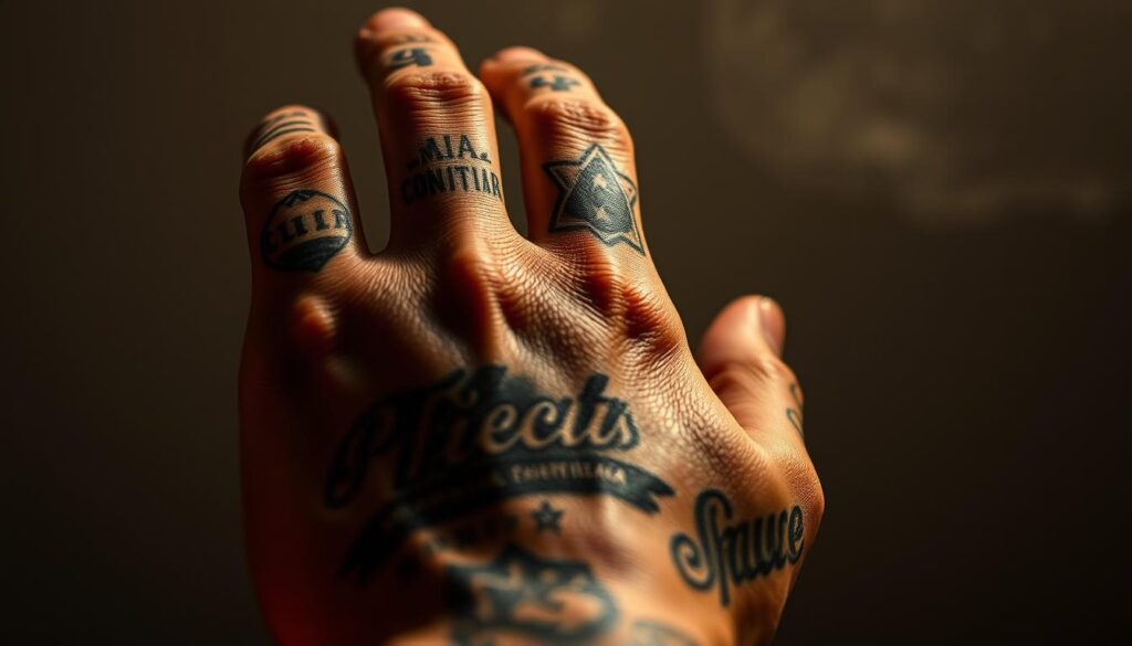 Detailed, close-up portrait of a Chicano gangster's hand, showcasing intricate tattoos that tell a story of their life and affiliations. The tattoos are prominently featured, with a focus on the symbolic imagery, lettering, and bold, gritty linework. The hand is set against a neutral, slightly hazy background, creating a moody, atmospheric feel. Warm, dramatic lighting illuminates the tattoos, casting dramatic shadows that accentuate the depth and textures. The overall composition and lighting evoke a sense of the tattoos' profound personal significance and the weighty cultural context they exist within.