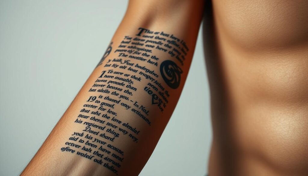 Detailed close-up shot of a male forearm featuring realistic Bible verse tattoos, rendered in a photorealistic style. The tattoos are sharp, vibrant, and intricately detailed, showcasing intricate calligraphic designs and passages from the Holy Scripture. The arm is positioned in a natural, relaxed pose, with subtle lighting casting soft shadows to accentuate the contours of the skin and the textures of the ink. The background is minimalist, allowing the tattoos to be the focal point, conveying a sense of personal spiritual expression and devotion.